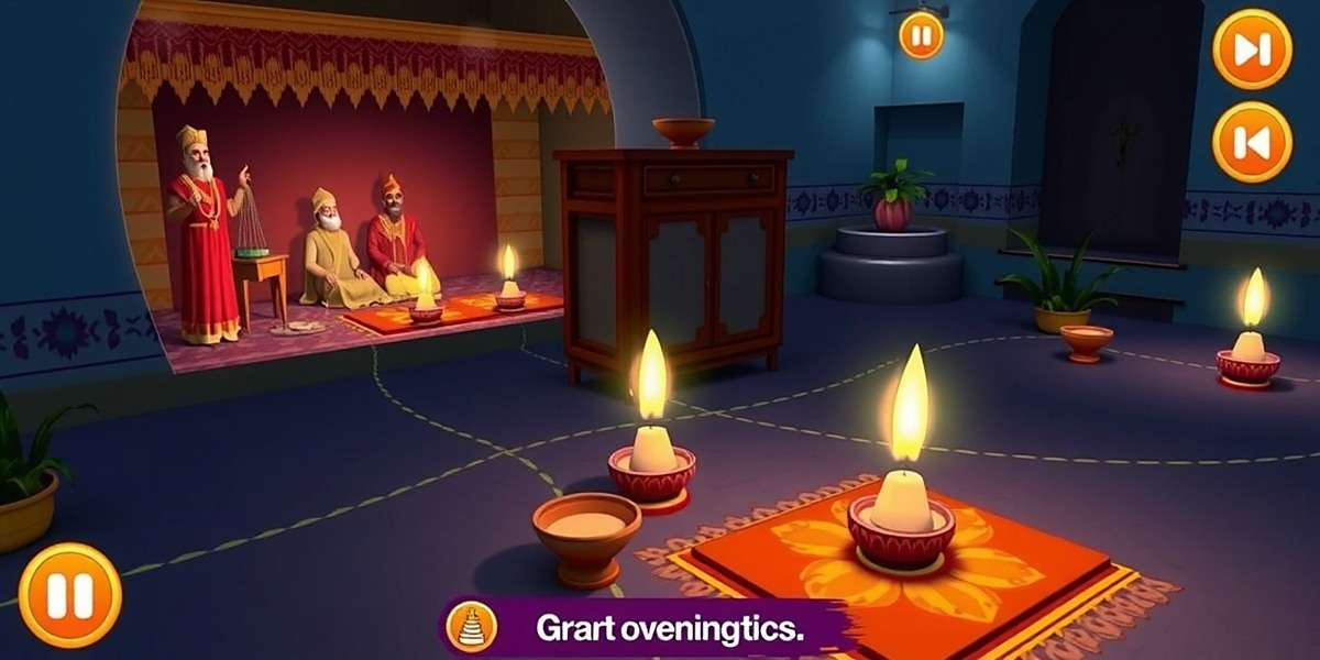 Ganges River Puja game screenshot showing evening aarti ceremony with lamps and priests
